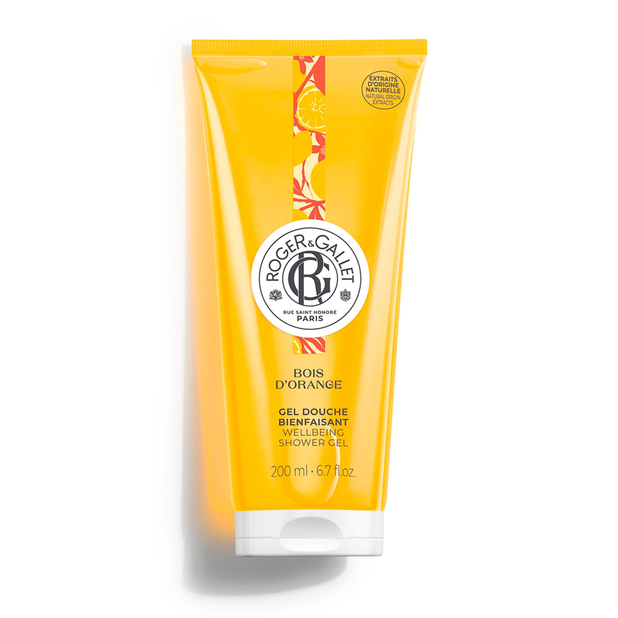 Gele tube met witte dop. Opschrift: Roger & Gallet, Bois d'Orange, Gel Douche Bienfaisant, Wellbeing Shower Gel.