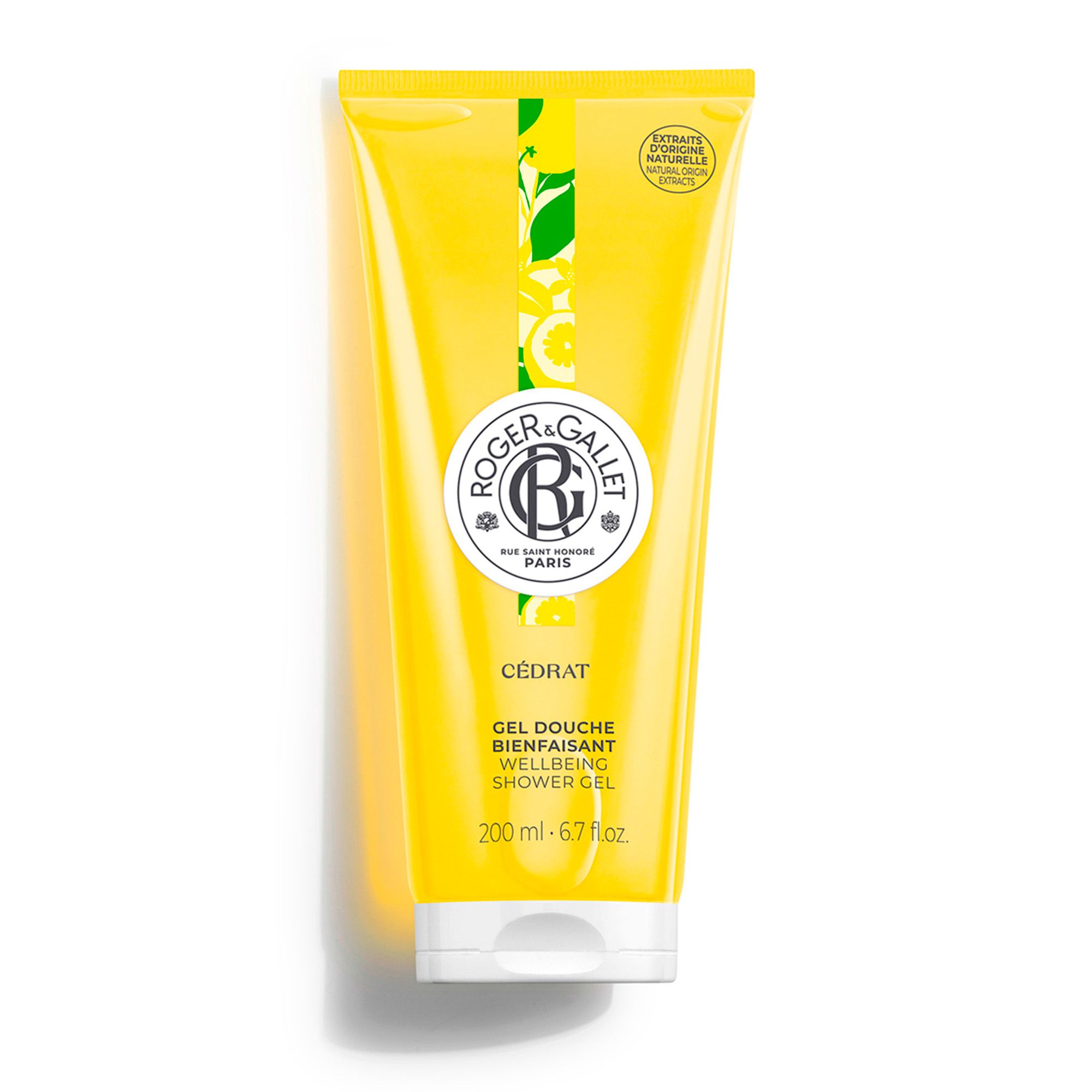 Gele tube douchegel. Opschrift Cédrat, Gel Douche Bienfaisant, Wellbeing Shower Gel. Inhoud 200 ml.