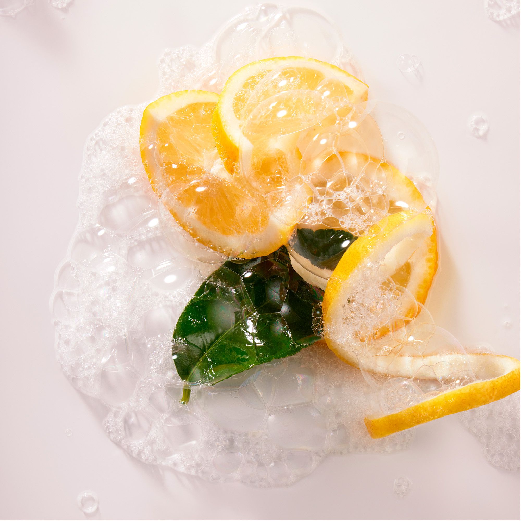 Tranches de citron et feuilles dans de la mousse savonneuse. Gros plan. Environnement clair et neutre.