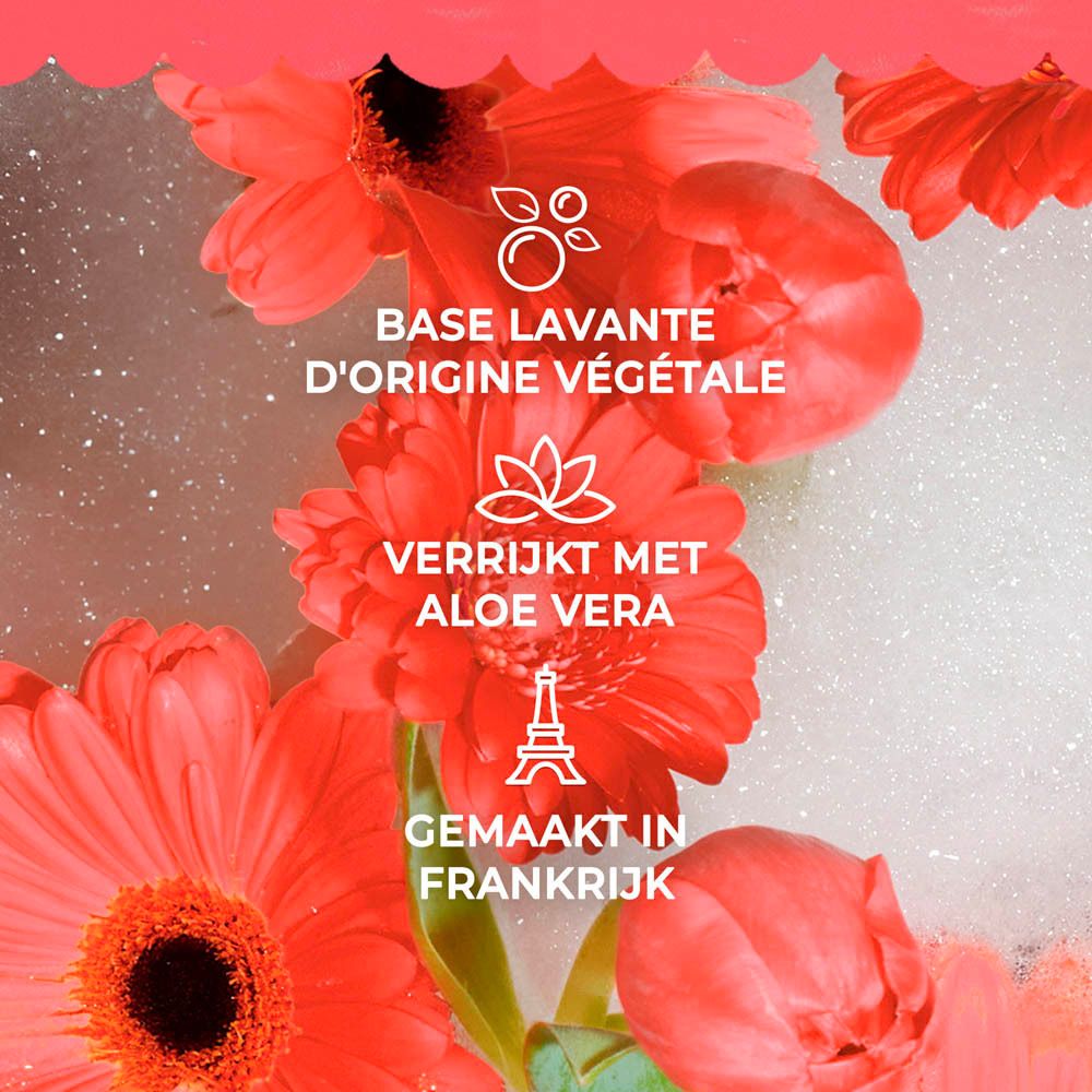 Bloemstuk met tekst: BASE LAVANTE D'ORIGINE VÉGÉTALE, VERRIJKT MET ALOE VERA, GEMAAKT IN FRANKRIJK, Roger & Gallet.