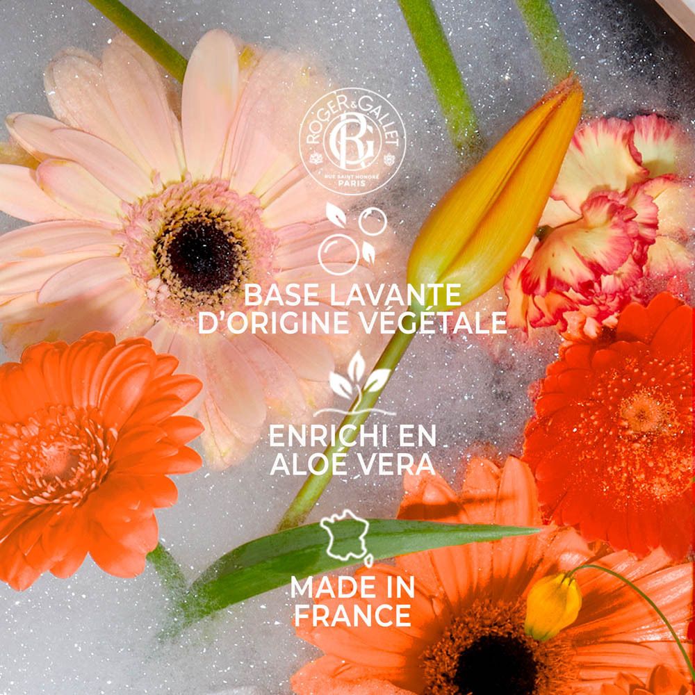 Composition florale avec logo NÉROLI et texte: Base lavante d'origine végétale. Made in France.