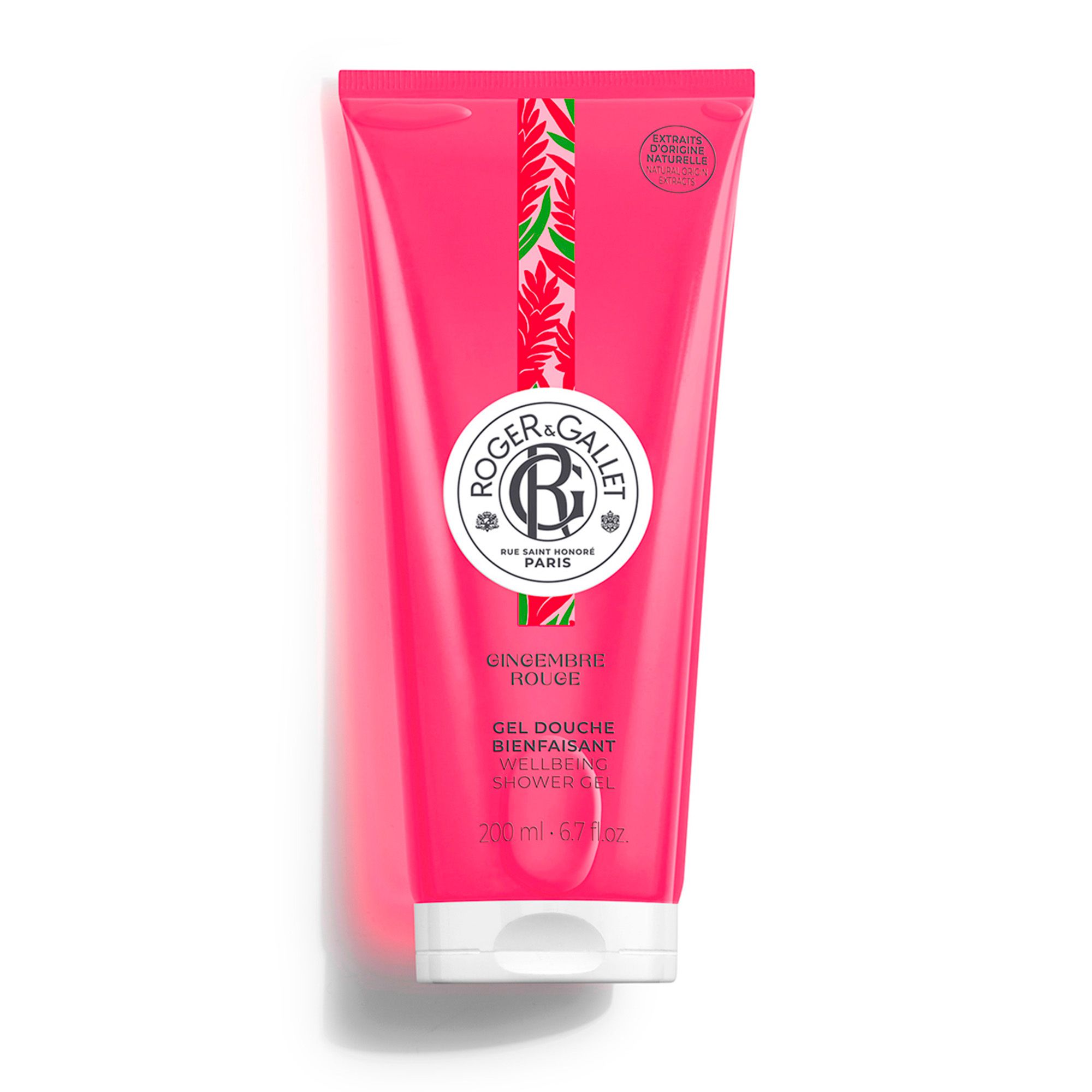 Roze tube met witte dop. Logo en tekst. Rode gember douchegel. Certificeringen.