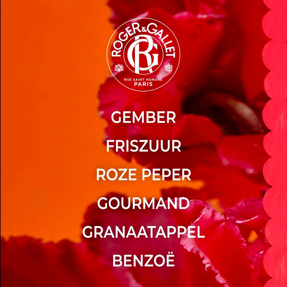 Oranje achtergrond met tekst: Délicieusement Parfumé. Logo Roger & Gallet. Tekst: Gember, Friszuur, Roze Peper, Gourmand, Granaatappel, Benzoë.