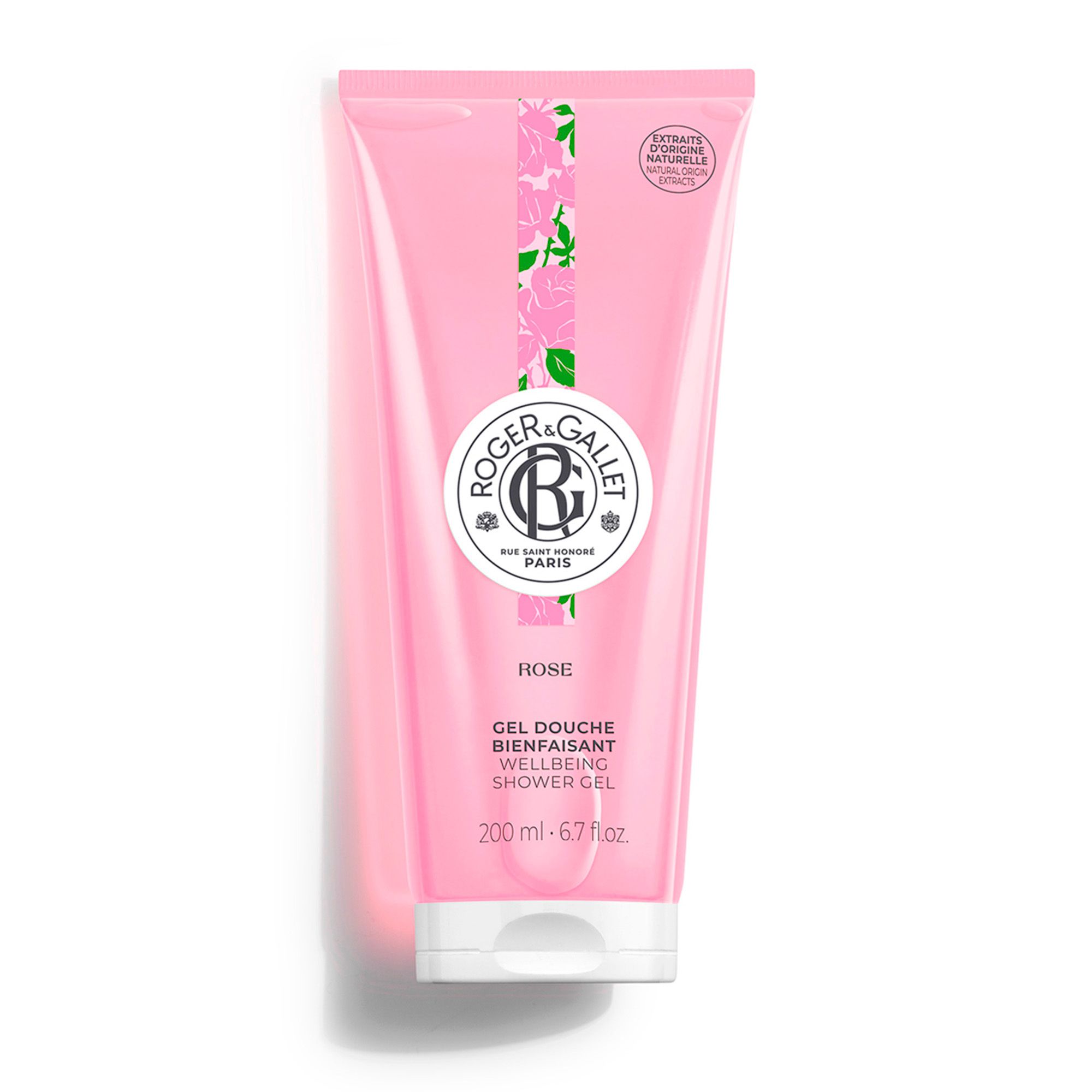 Roze douchegel in transparante tube. Logo en tekst Roger & Gallet. Opschrift ROSE, Gel Douche Bienfaisant. 200 ml.