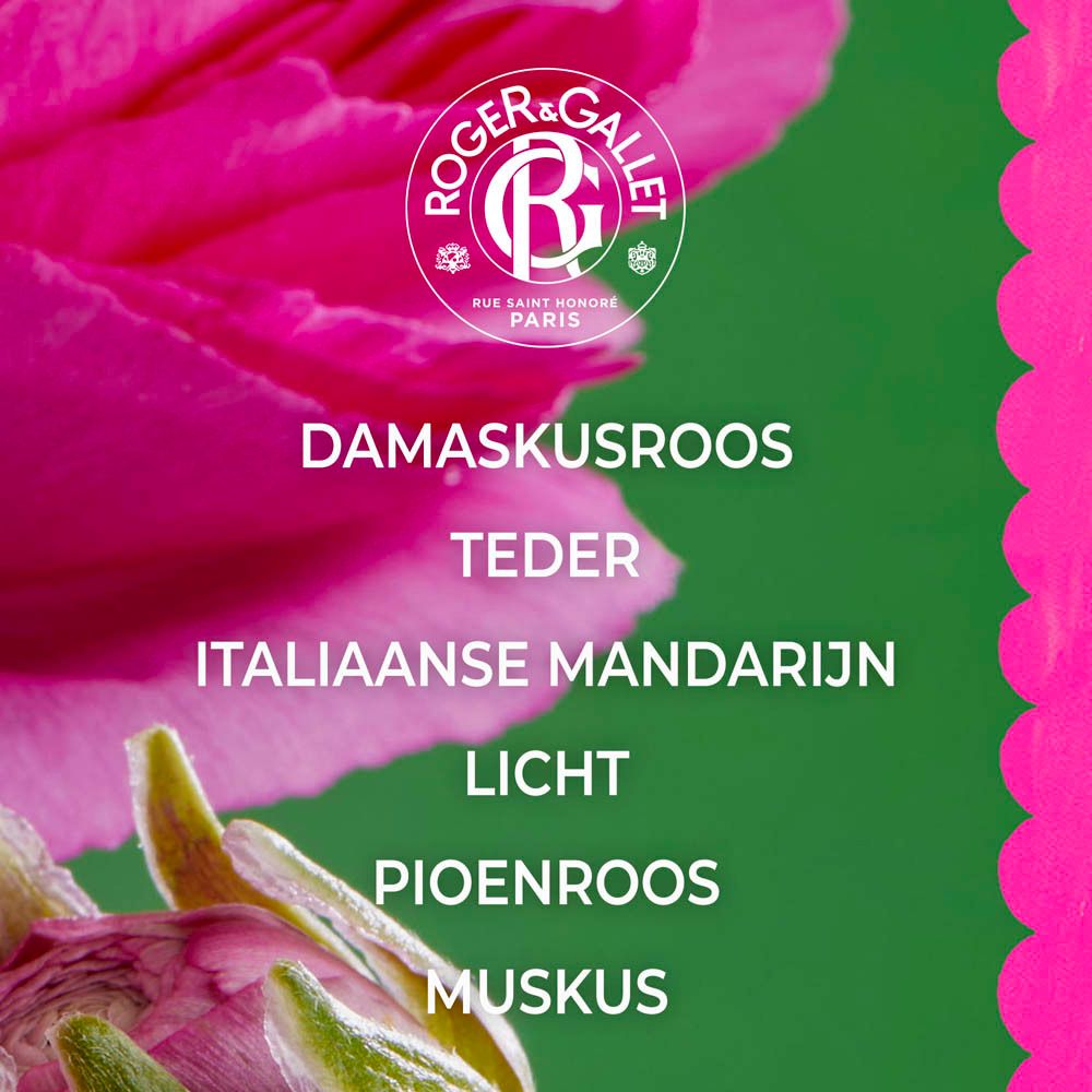 Tekst: Damaskusroos, Teder, Italiaanse Mandarijn, Licht, Pioenroos, Musk. Roger & Gallet logo.