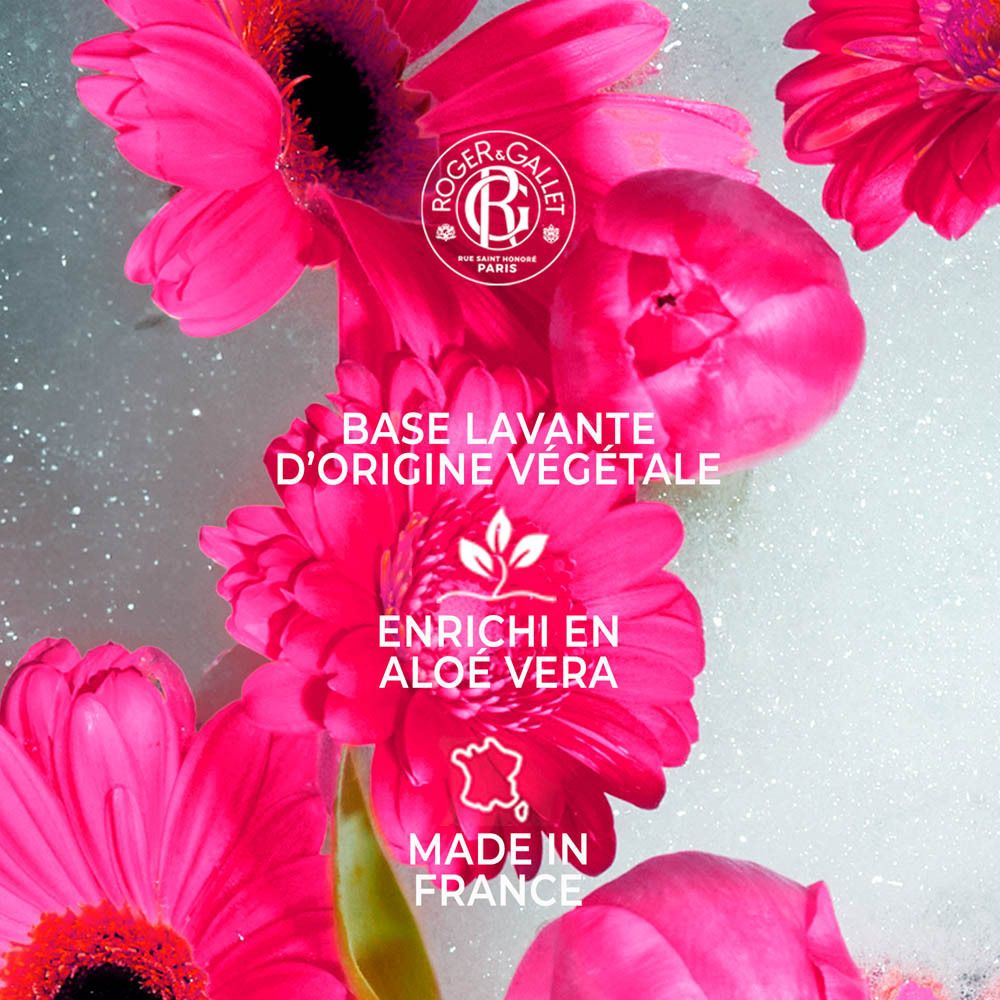 Fleurs, logo Roger & Gallet. Texte: Base Lavante d'Origine Végétale, Enrichi en Aloe Vera, Fabriqué en France.