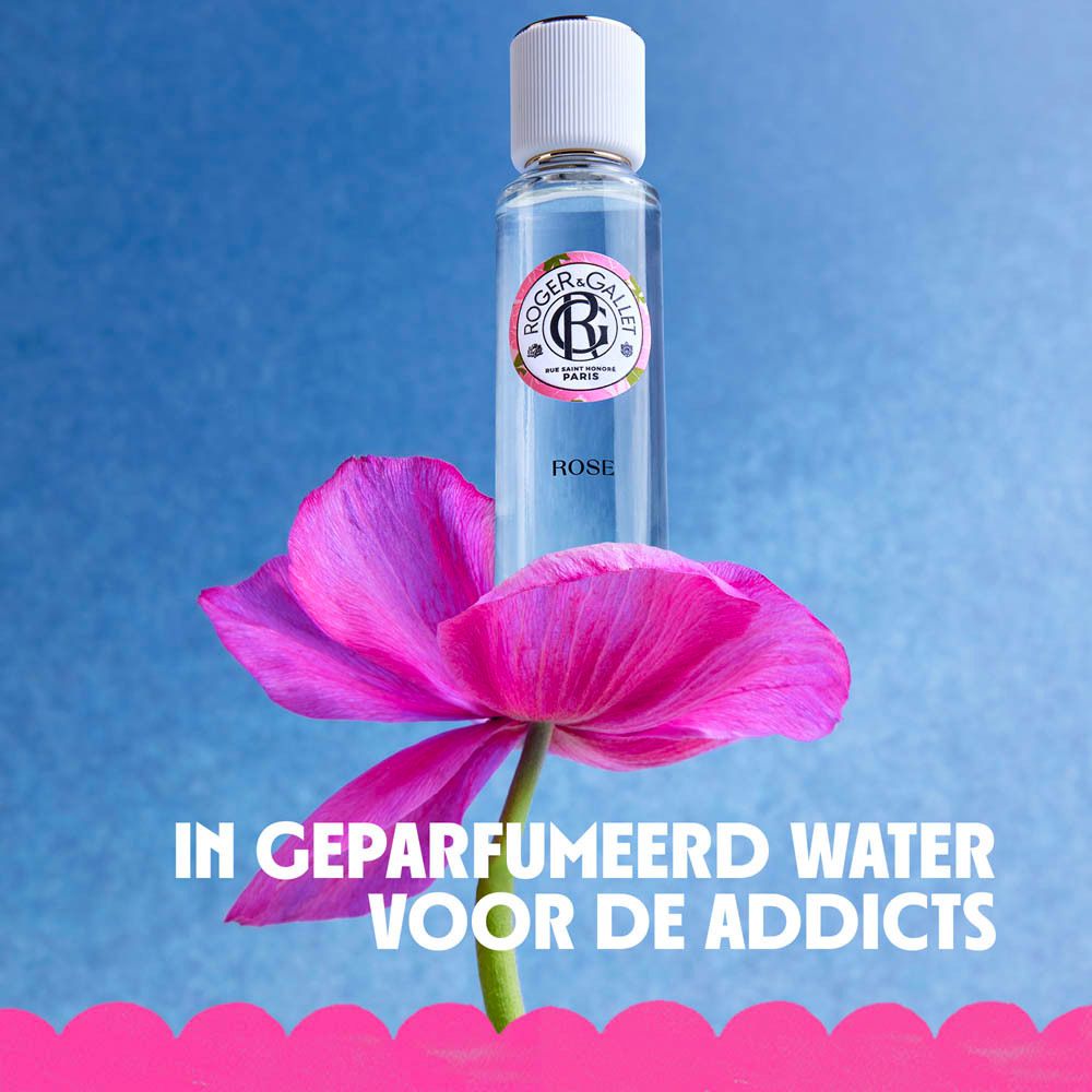 Roze fles, bloem. Tekst: In geparfumeerd water voor de addicts. Roger & Gallet logo.