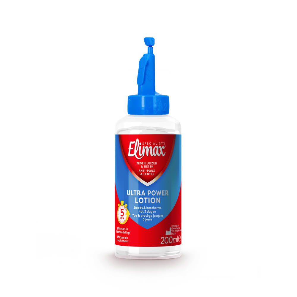 Bouteille de lotion Elimax Anti-Poux & Lentes avec applicateur, avant avec informations produit.