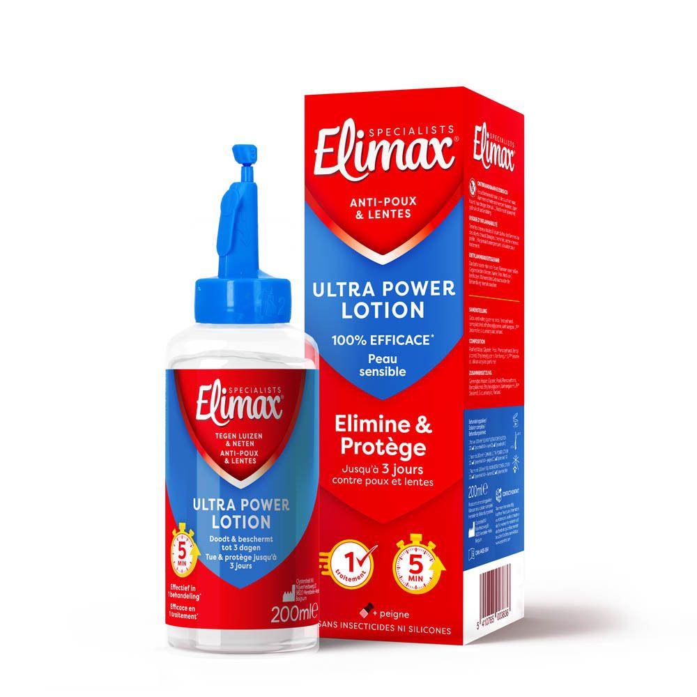 Bouteille de lotion Elimax Anti-Poux & Lentes avec applicateur, dos avec instructions.