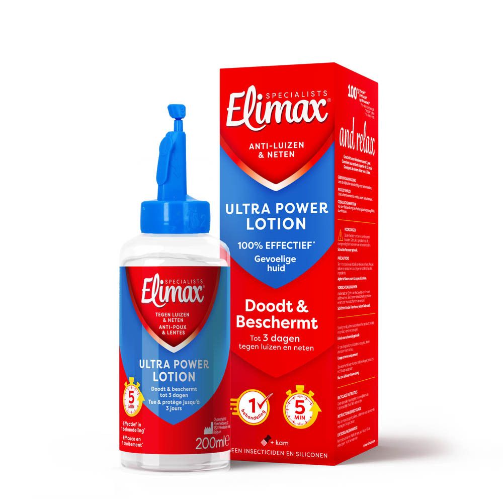 Elimax Anti-Poux & Lentes lotionfles met applicator, achterkant met instructies.