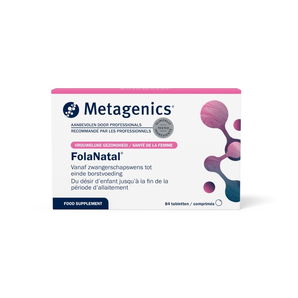 FolaNatal-verpakking, 84 tabletten. Merk Metagenics. Opschrift zwangerschap en borstvoeding. Roze en witte verpakking.