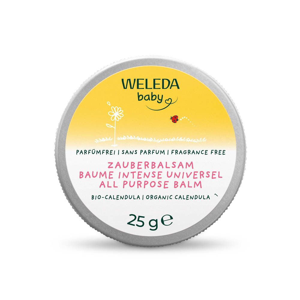 Boîte ronde avec couvercle jaune. Inscription: Weleda Baby, Baume Intense Universel, 25 g. Bio-Calendula.