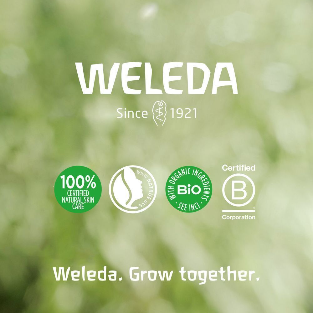 Logo Weleda. Certifications: 100% Certified Natural Care, NATRUE, certification bio, B Corp.