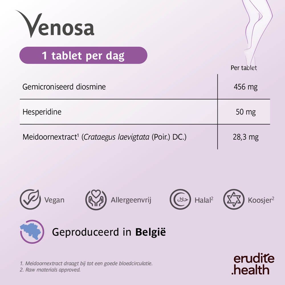 Venosa verpakkingen van 30 en 90 tabletten op een plank.