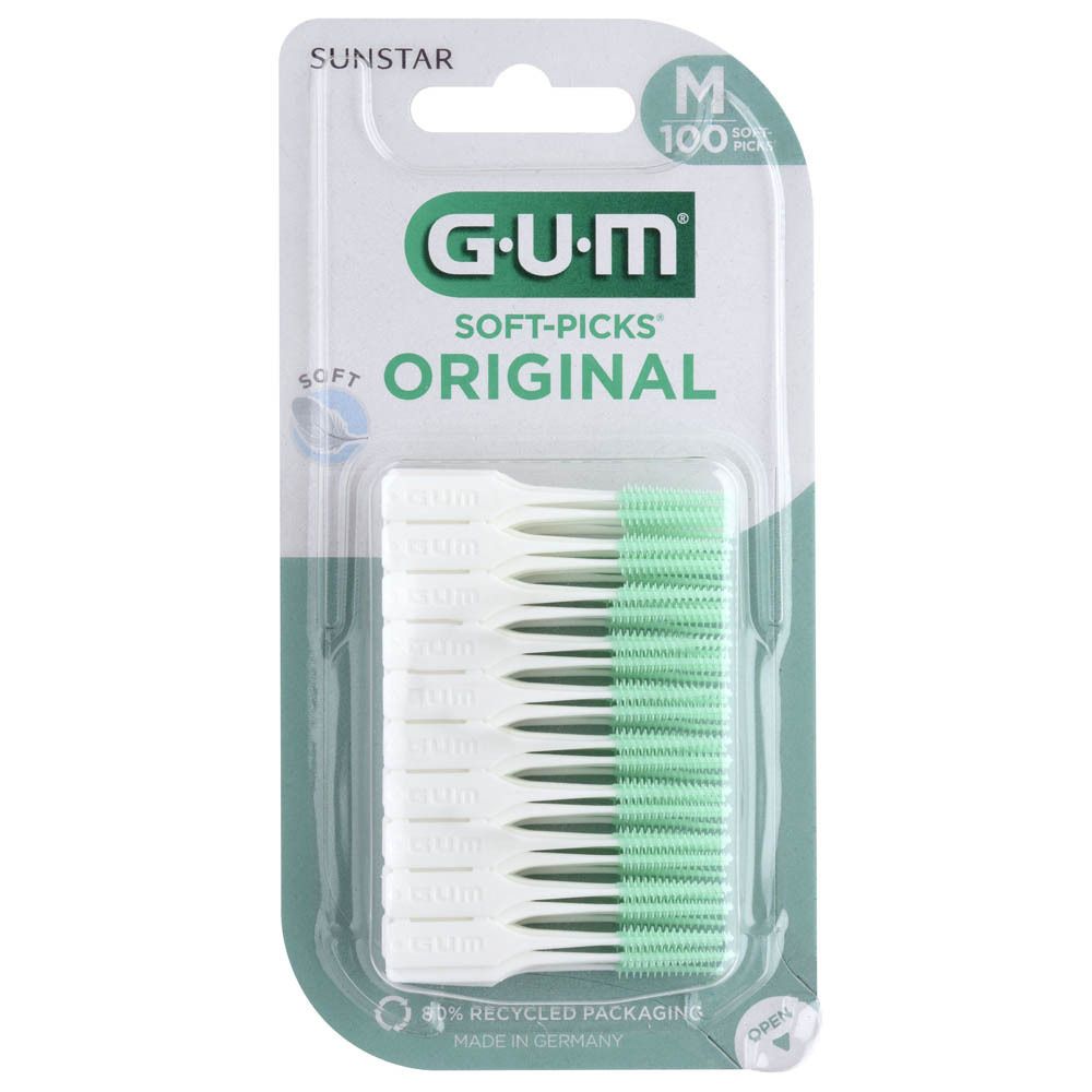 Verpakking GUM® Soft-Picks® Original Medium. Groen-witte borstels. Merk en productnaam duidelijk zichtbaar.