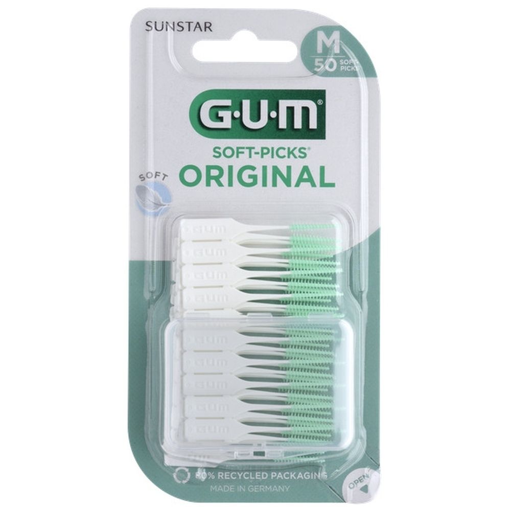GUM Soft-Picks Original. Brossette interdentaire avec tête verte et manche blanc.
