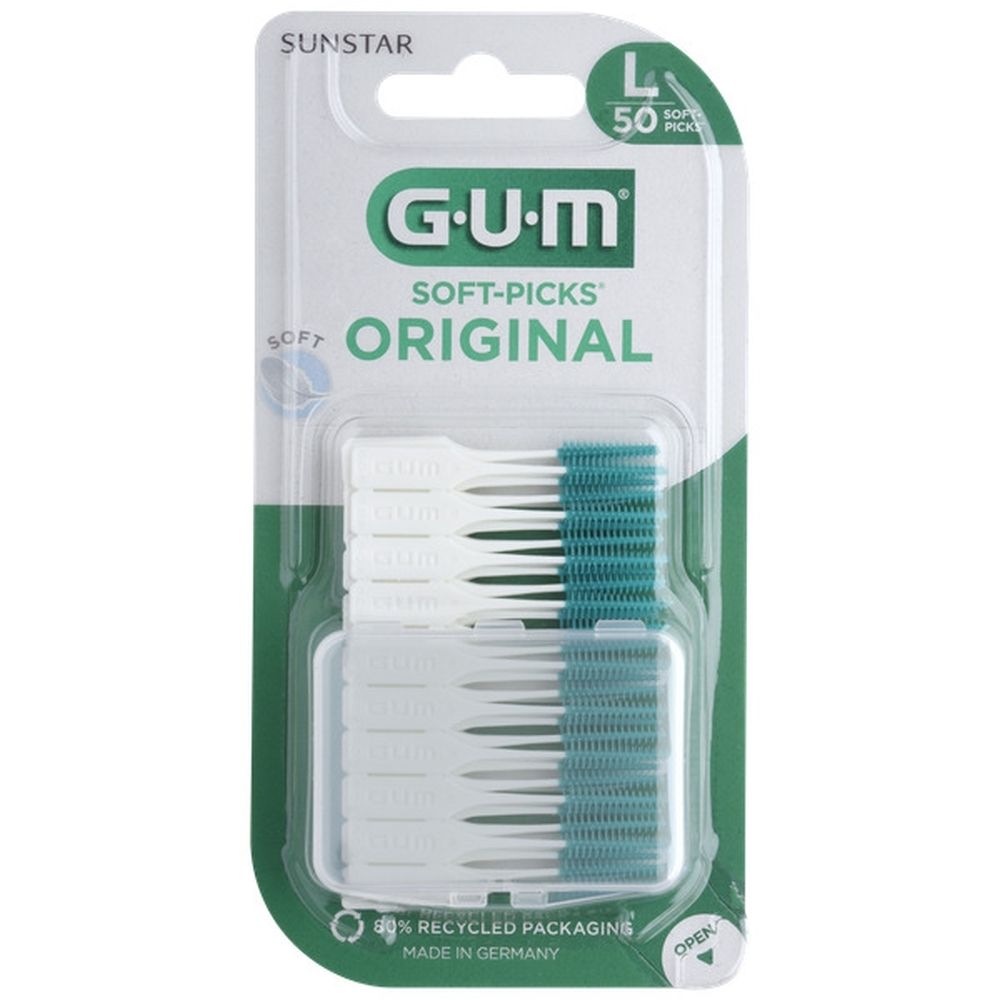 Verpakking GUM Soft-Picks Original Large. Bevat 50 stuks. Groen-witte borstelkoppen in een transparante plastic doos.