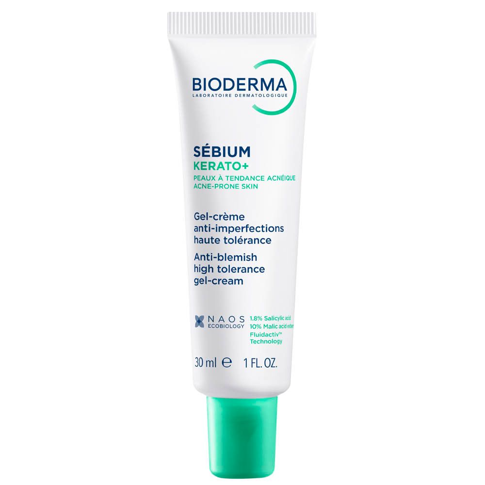 Witte tube met groene dop. Opschrift: Bioderma Sébium Kerato+. 30 ml.