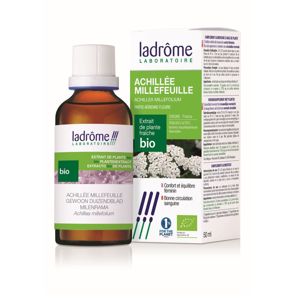 Flacon en verre brun et boîte Ladrôme BIO Achillée Millefeuille. Certification bio et informations produit.