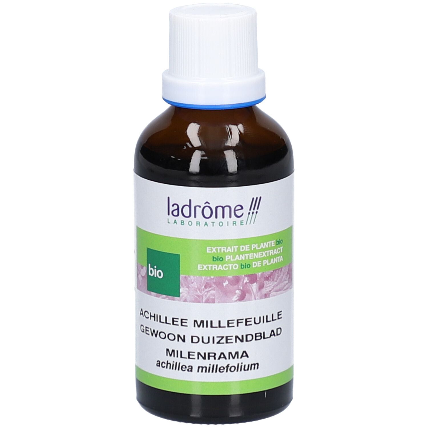 Flacon en verre brun avec bouchon blanc. Inscription Ladrôme BIO Achillée Millefeuille. Certification bio.