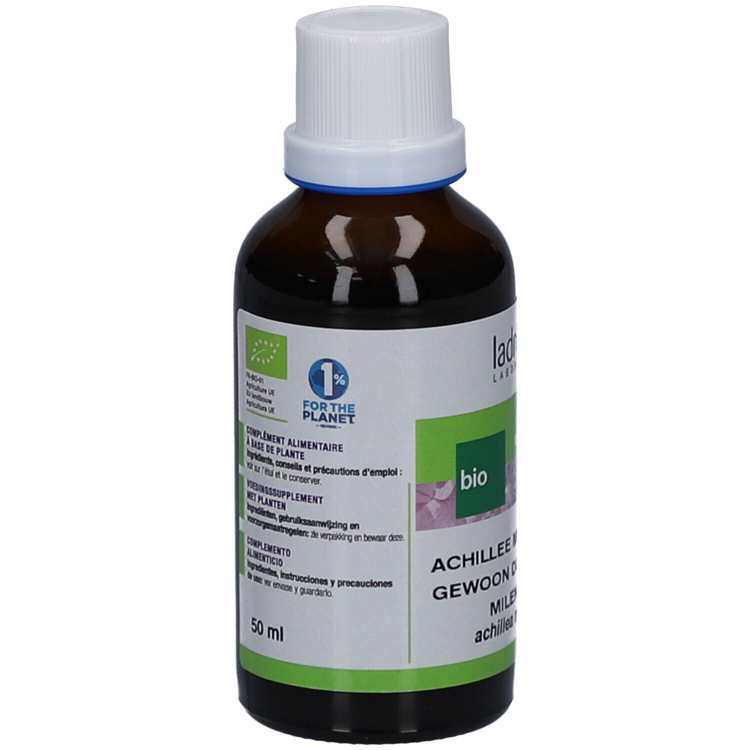 Flacon en verre brun avec bouchon blanc. Inscription Ladrôme BIO Achillée Millefeuille. Certification bio et informations produit.