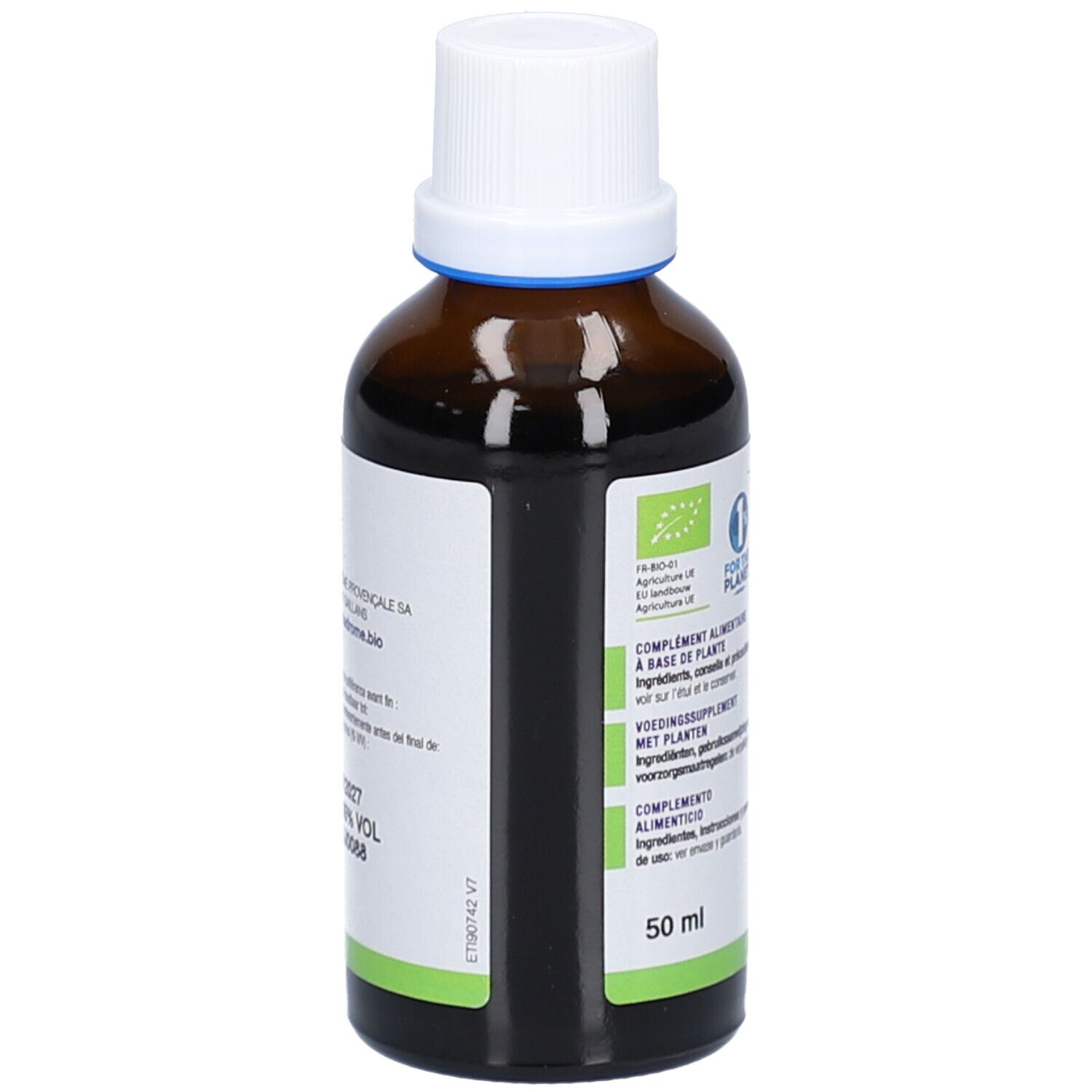 Flacon en verre brun avec bouchon blanc. Dos avec informations produit et certification bio.