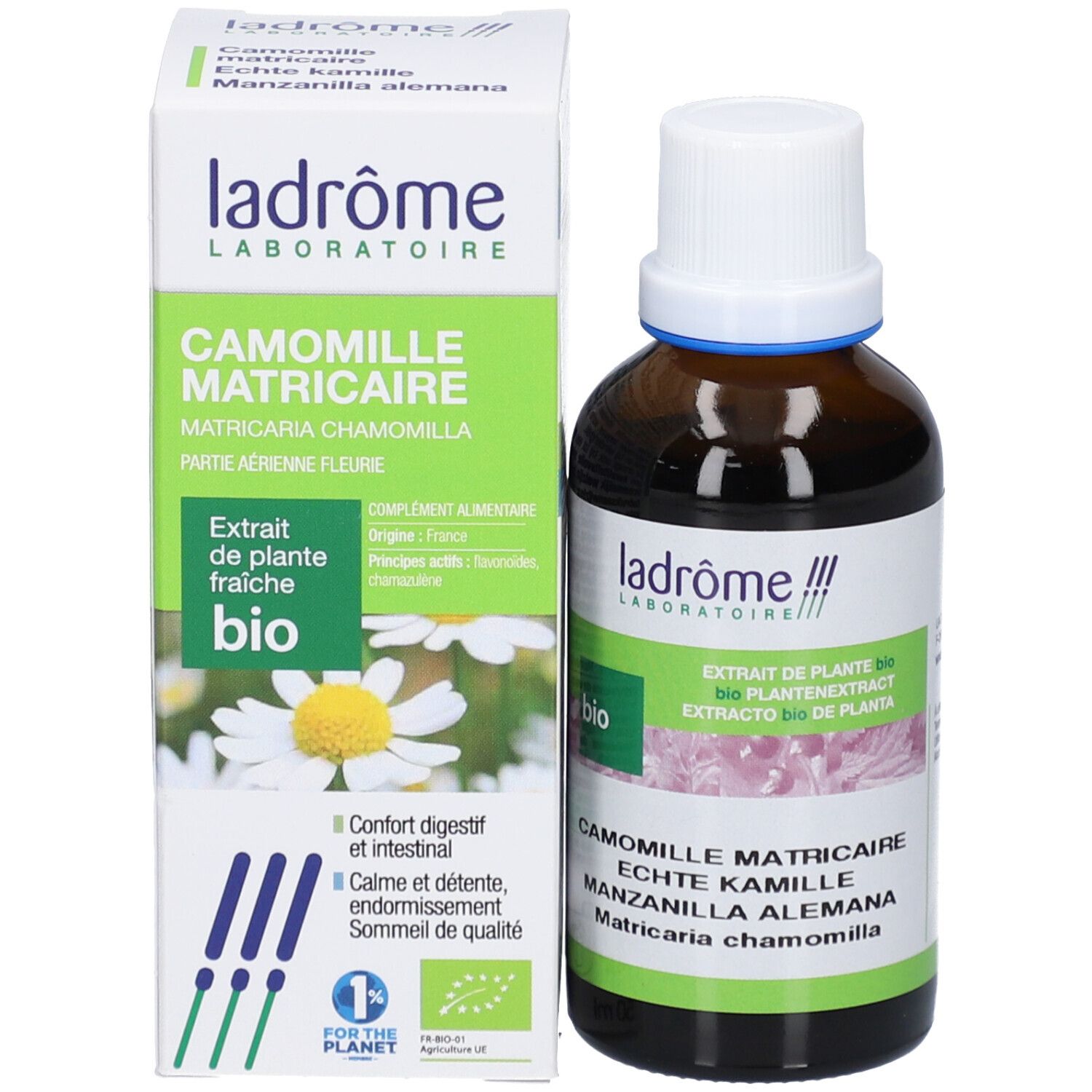 Flacon et emballage du produit. Flacon avec bouchon blanc, emballage avec nom du produit et label bio.