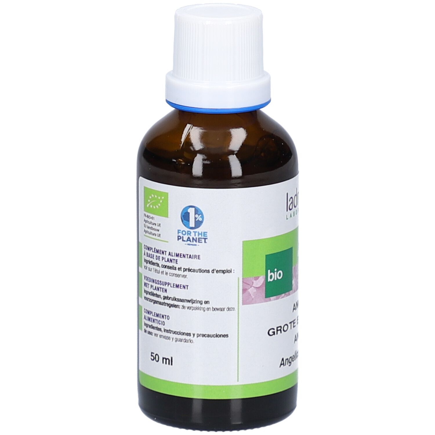 Flacon en verre brun avec bouchon blanc. Étiquette avec nom du produit, marque, label bio et logo bio UE. 50 ml.