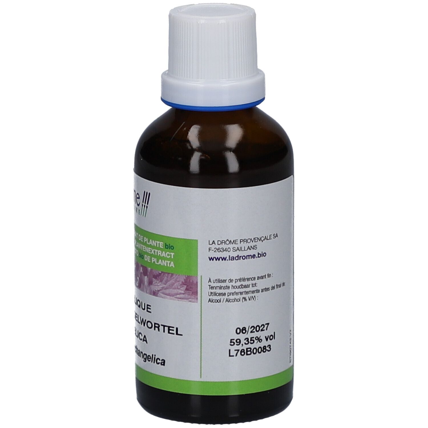 Flacon en verre brun avec bouchon blanc. Étiquette avec nom du produit, marque, label bio et logo bio UE. 50 ml, 59,35% vol.