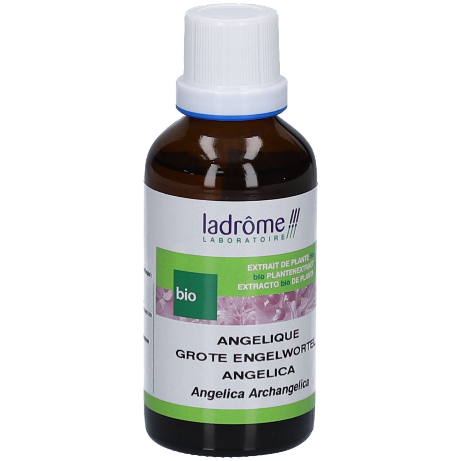 Flacon en verre brun avec bouchon blanc. Étiquette avec nom du produit, marque et label bio. Texte en allemand, français et espagnol.