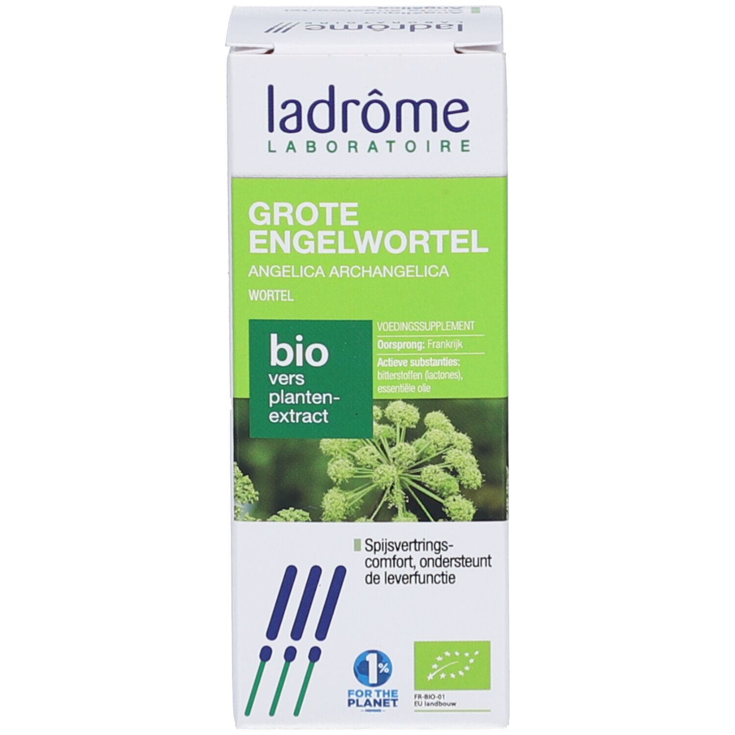 Boîte verte avec nom du produit, marque et label bio. Texte en allemand, français et néerlandais.