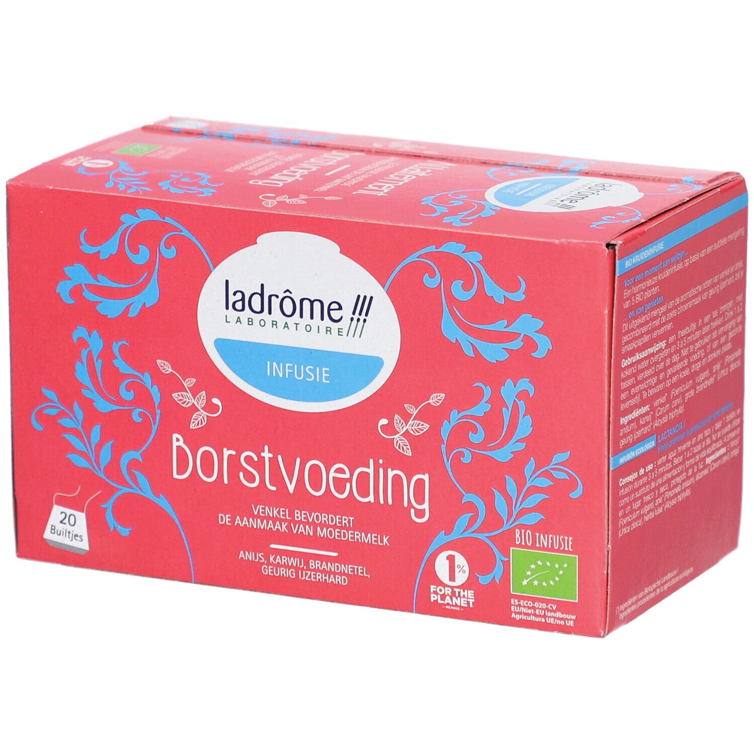 Rode doos "Borstvoeding Infusie". Logo Ladrôme Laboratoire. 20 zakjes. Bio-keurmerk.