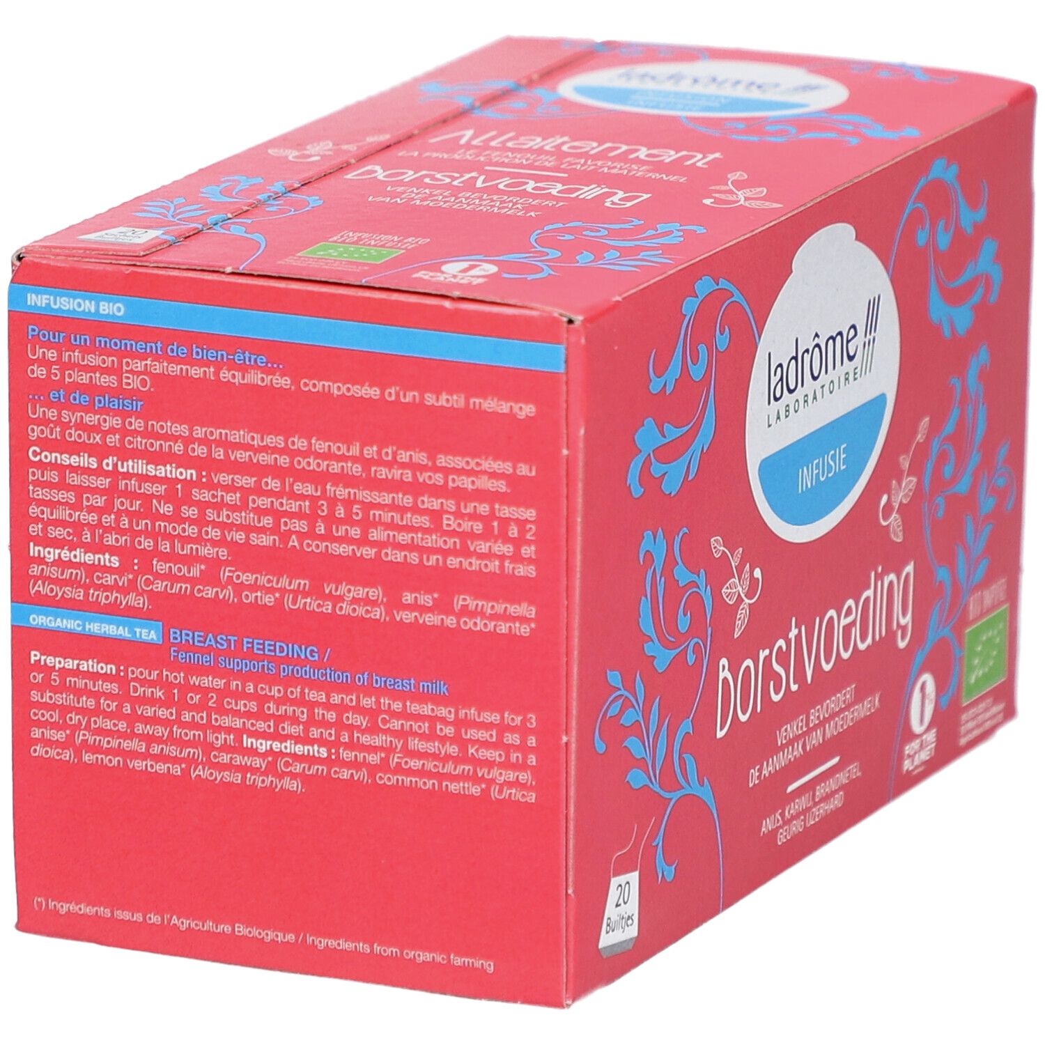 Rode doos "Allaitement Borstvoeding". Logo Ladrôme. Tekst in Frans en Nederlands. Bio-keurmerk.