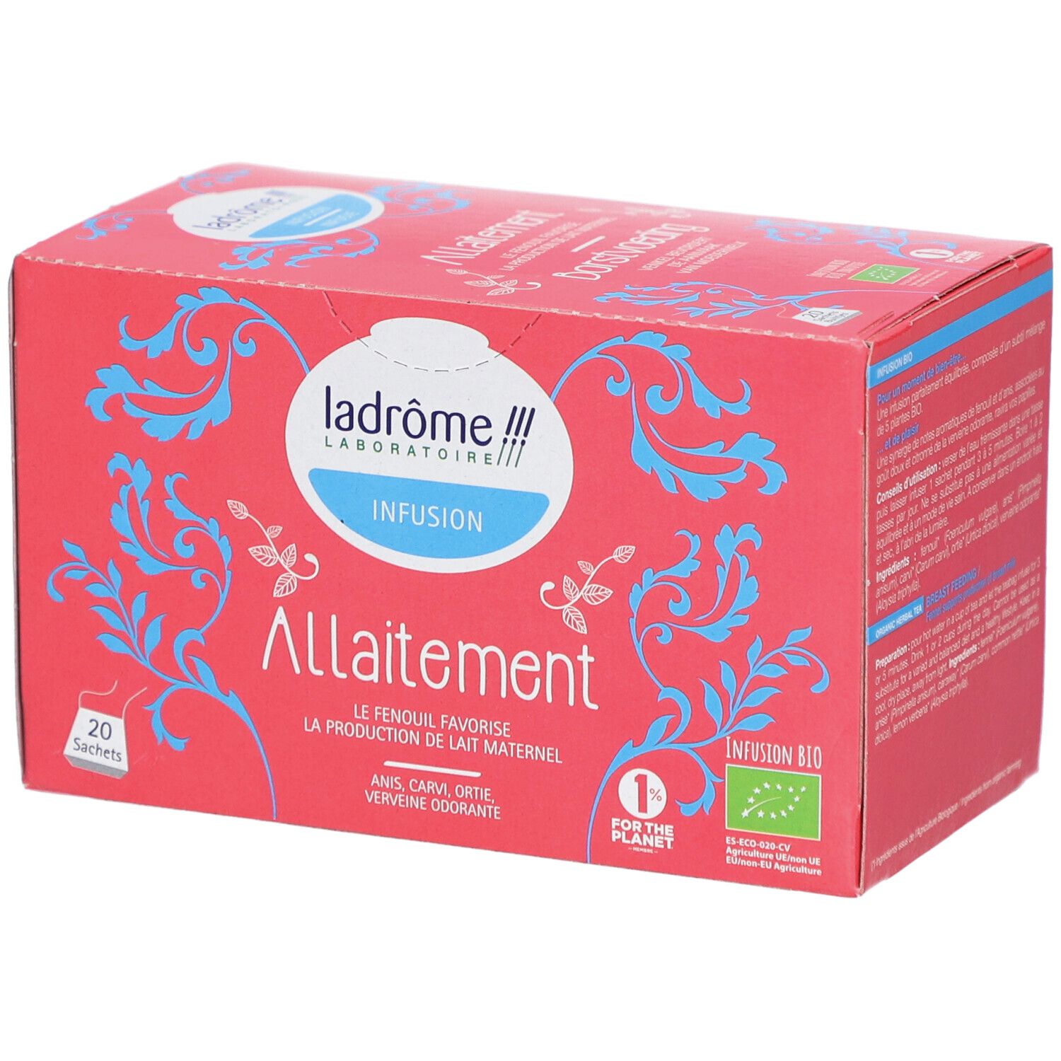 Rode doos "Allaitement". Logo Ladrôme Laboratoire. 20 zakjes. Bio-keurmerk.