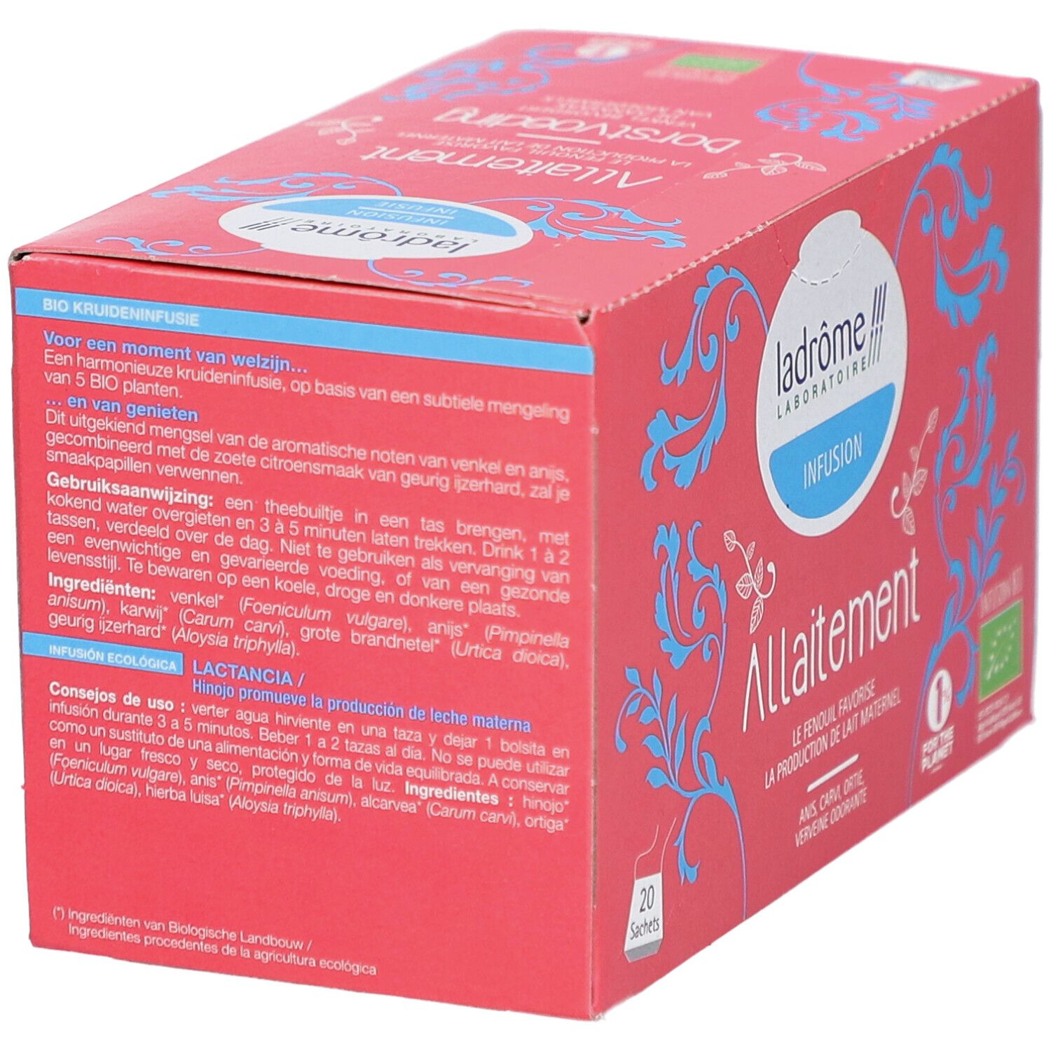 Rode doos "Allaitement Borstvoeding". Logo Ladrôme. Tekst in Frans en Nederlands. Bio-keurmerk.