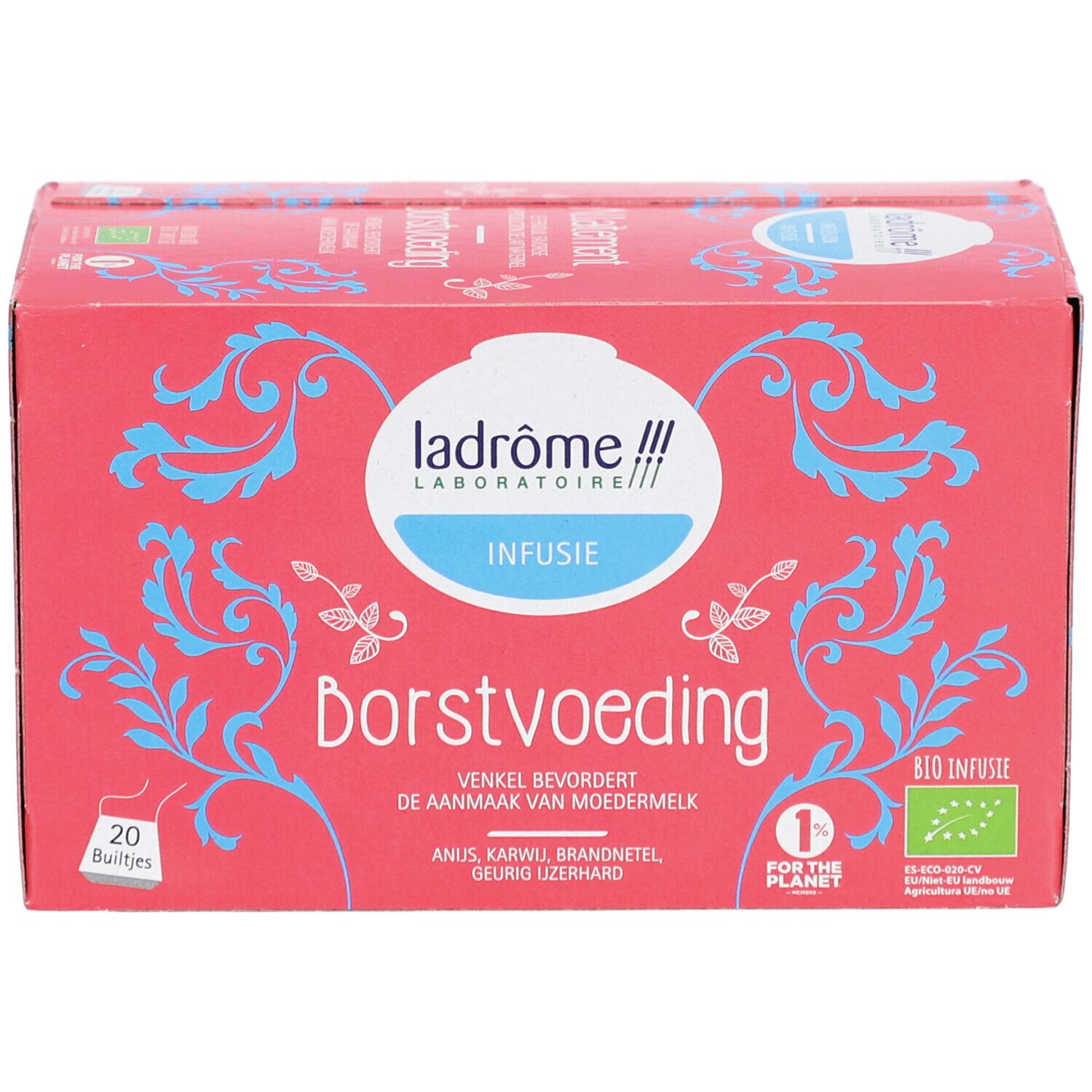 Rode doos "Borstvoeding Infusie". Logo Ladrôme Laboratoire. 20 zakjes. Bio-keurmerk.