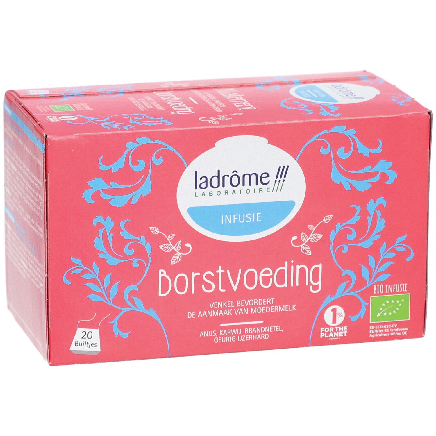 Rode doos "Borstvoeding Infusie". Logo Ladrôme Laboratoire. 20 zakjes. Bio-keurmerk.