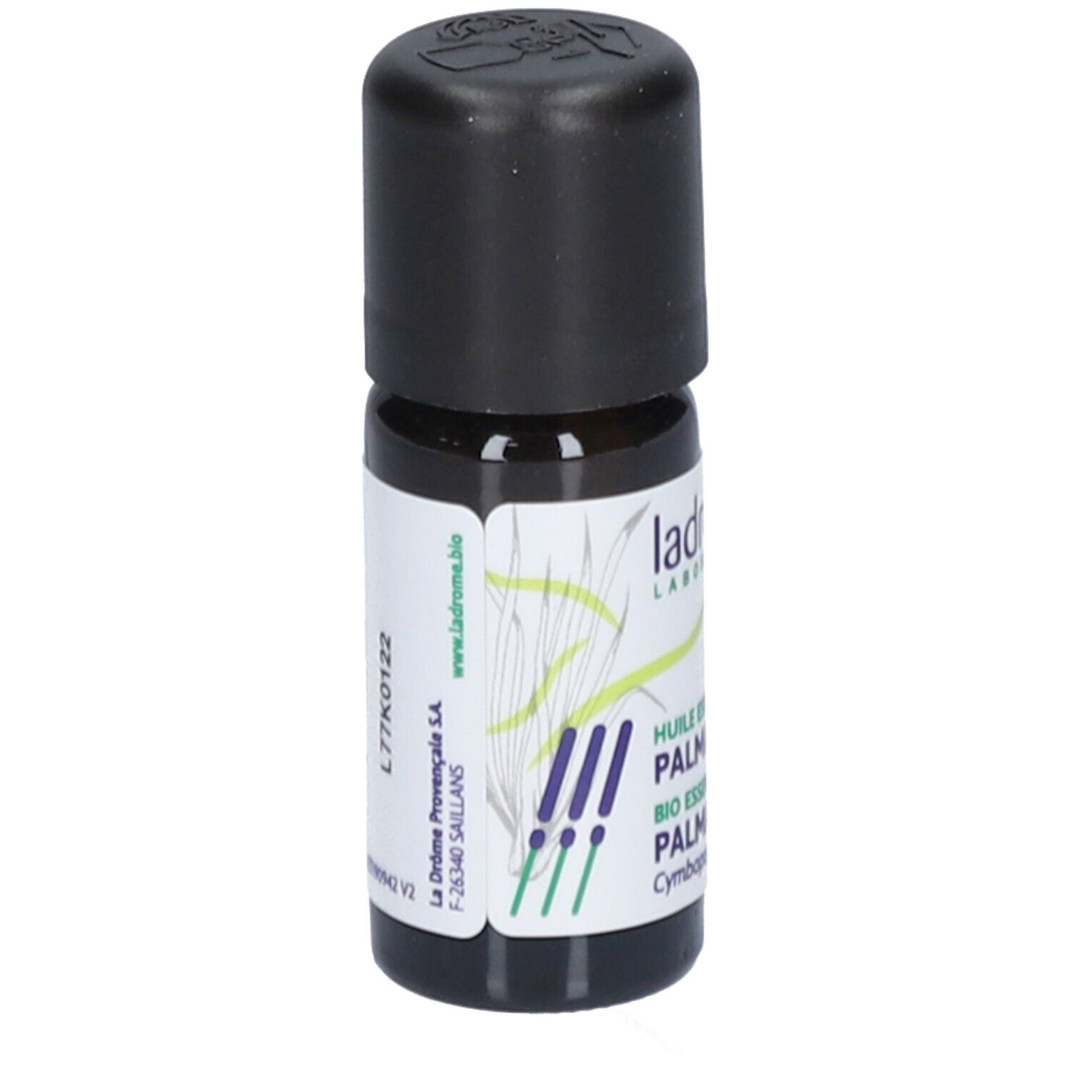 Bruine glazen fles met zwarte dop. Etiket met productinformatie en logo.