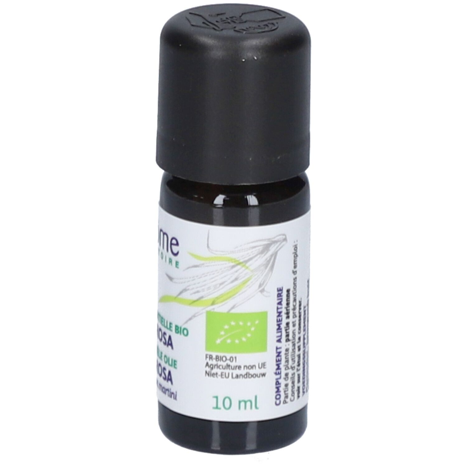 Bruine glazen fles met zwarte dop. Etiket en logo. 10 ml.