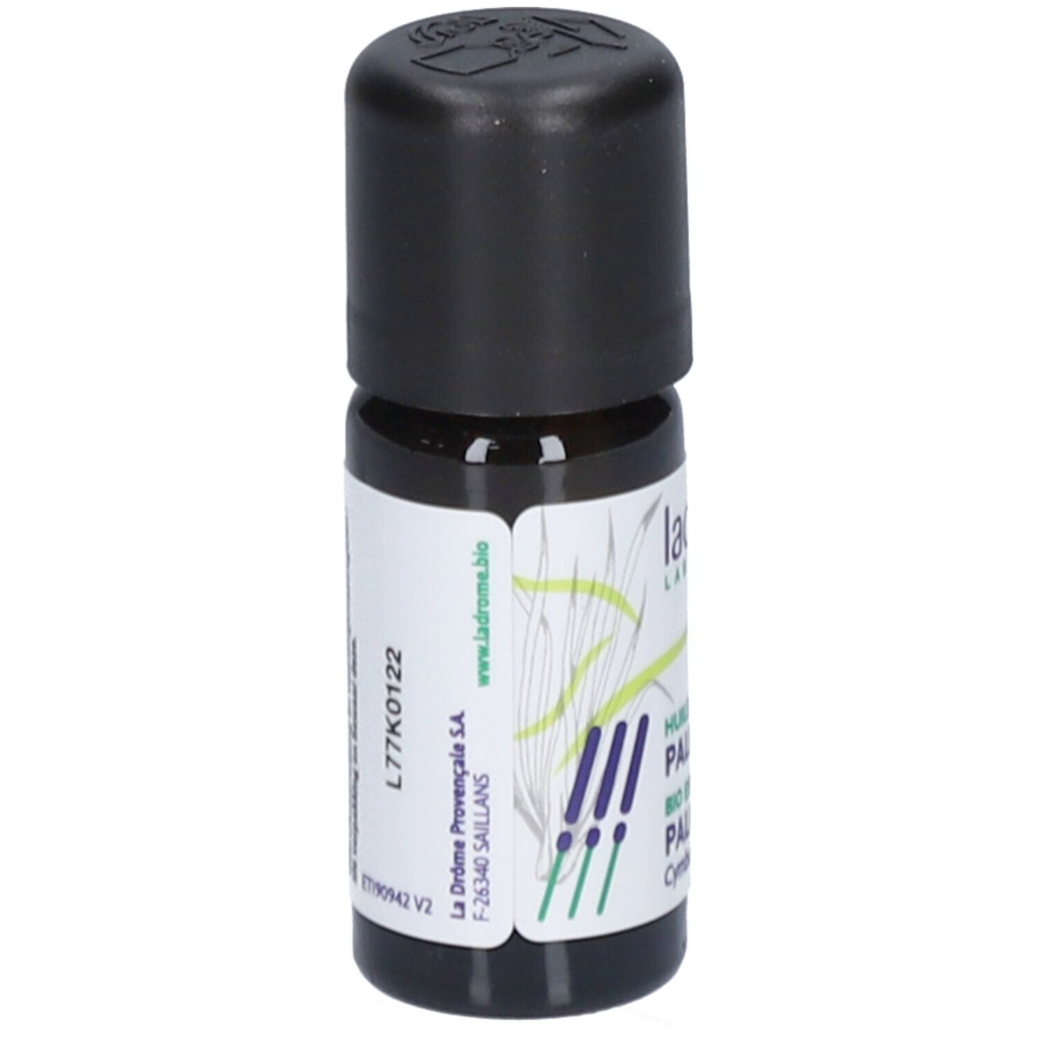 Bruine glazen fles met zwarte dop. Etiket met productinformatie en logo.