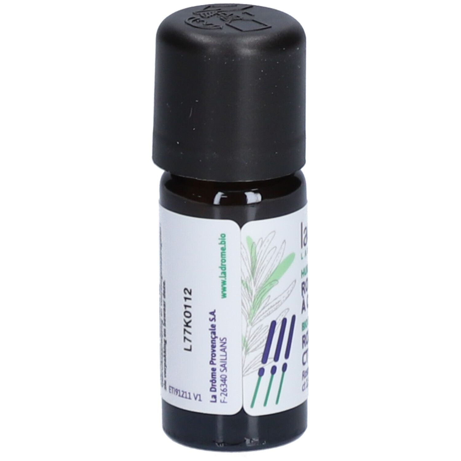 Bruine glazen fles met zwarte dop. Opschrift: Ladrôme. Label met tekst en logo. Code L77K0112.