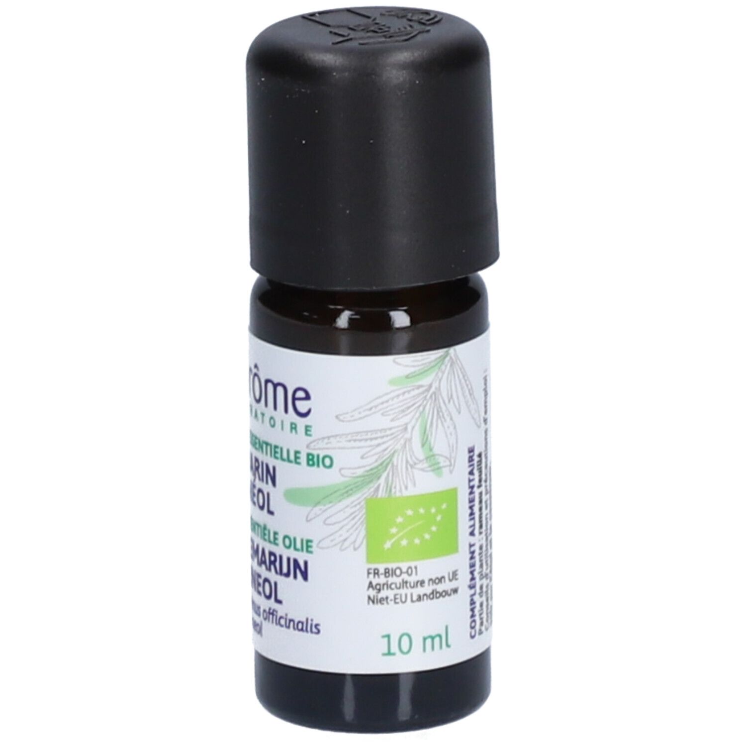 Bruine glazen fles met zwarte dop. Label met tekst: Huile essentielle BIO Romarin à cinéol. 10 ml.