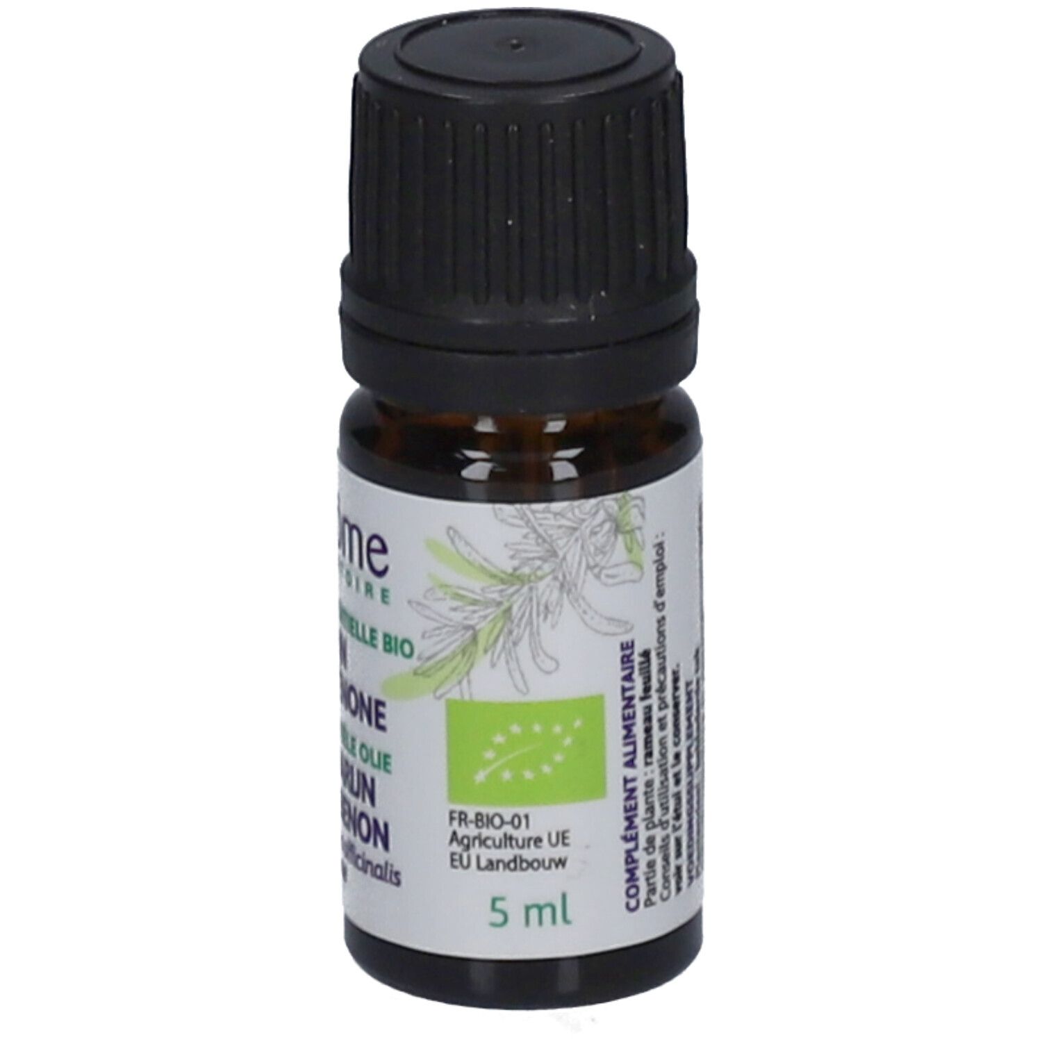 Flacon en verre brun avec bouchon noir. Étiquette avec texte et logo. Produit: Huile essentielle bio. 5 ml.