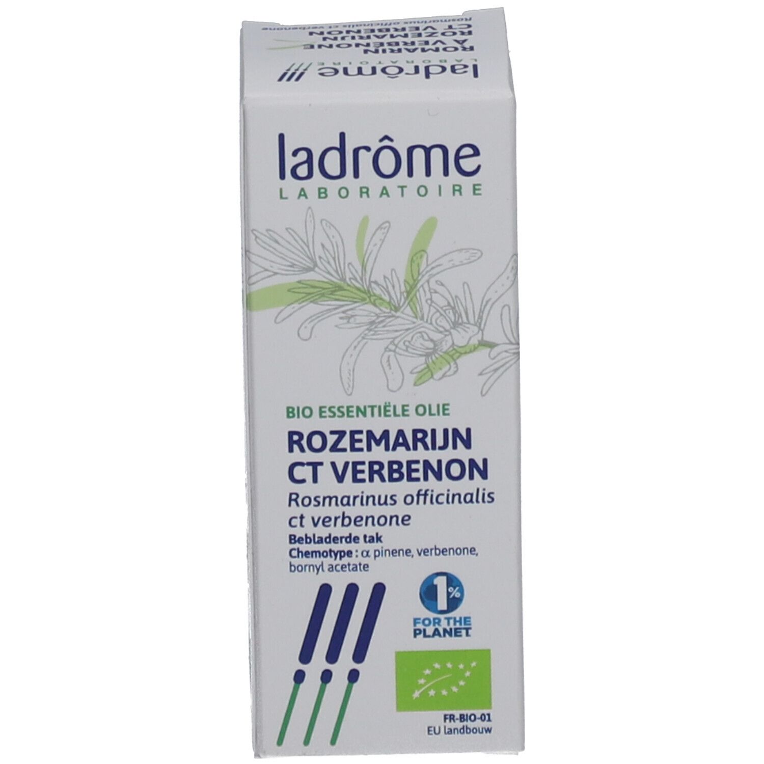Emballage blanc. Texte et logo. Produit: Huile essentielle. Marque: Ladrôme. Certification: Bio.