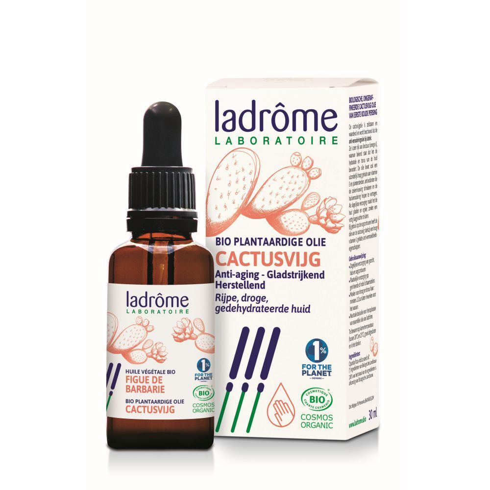 Bruine glazen fles met pipet en doos. Opschrift: Bio plantaardige olie Cactusvijg. Bio-certificering.
