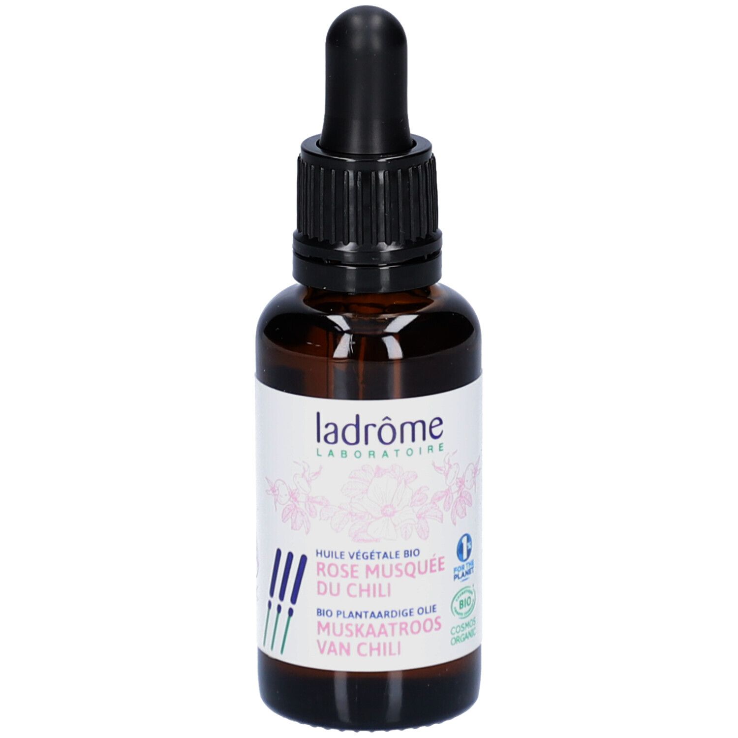 Bruine glazen fles met zwarte dop en pipet. Etiket met tekst en logo.