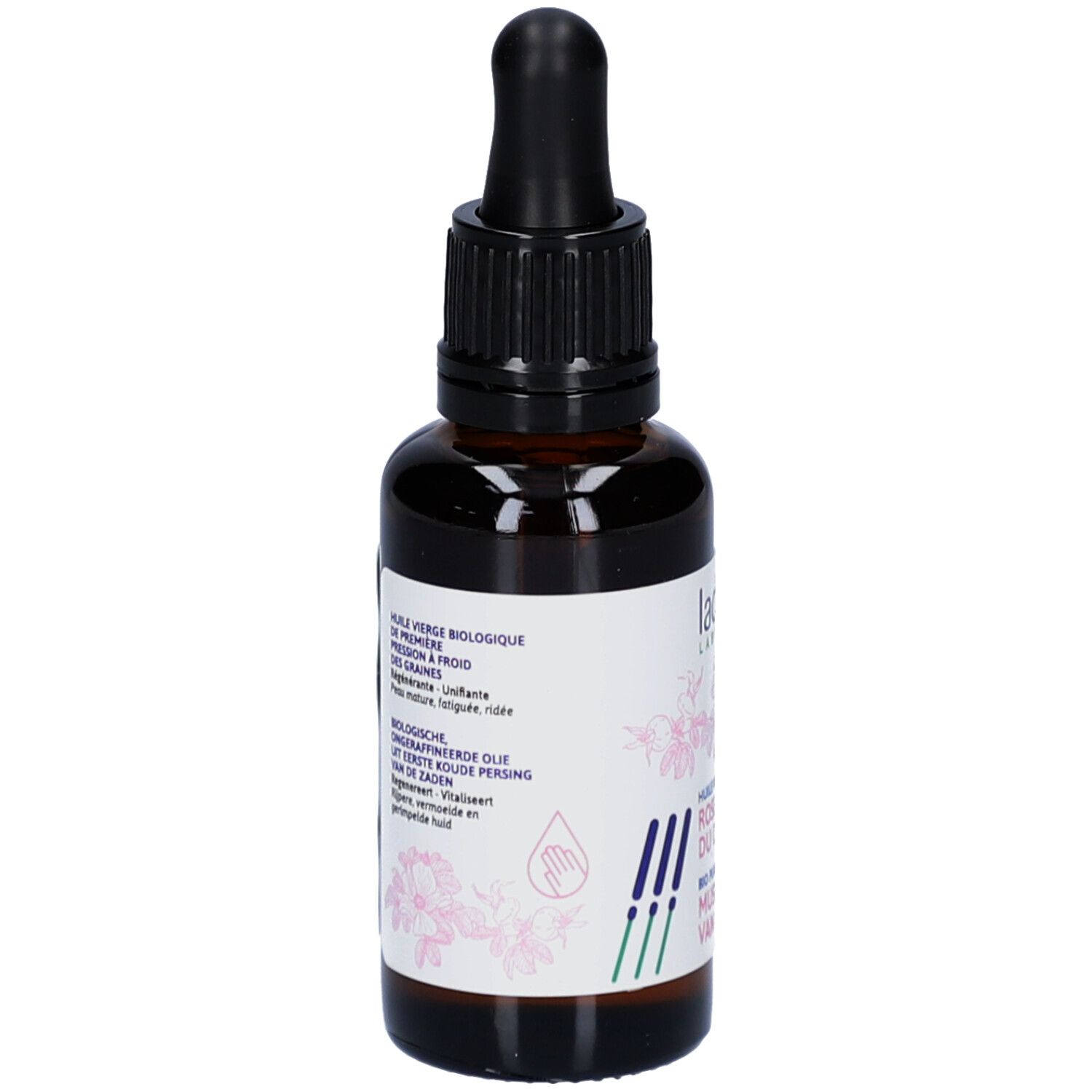 Bruine glazen fles met zwarte dop en pipet. Etiket met tekst en logo.