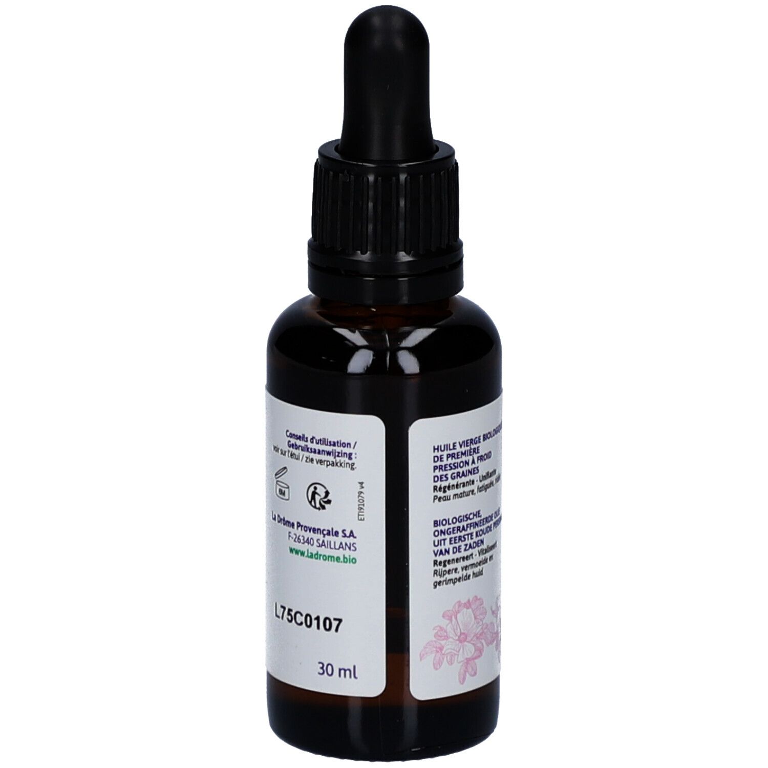 Bruine glazen fles met zwarte dop en pipet. Etiket met tekst en logo.