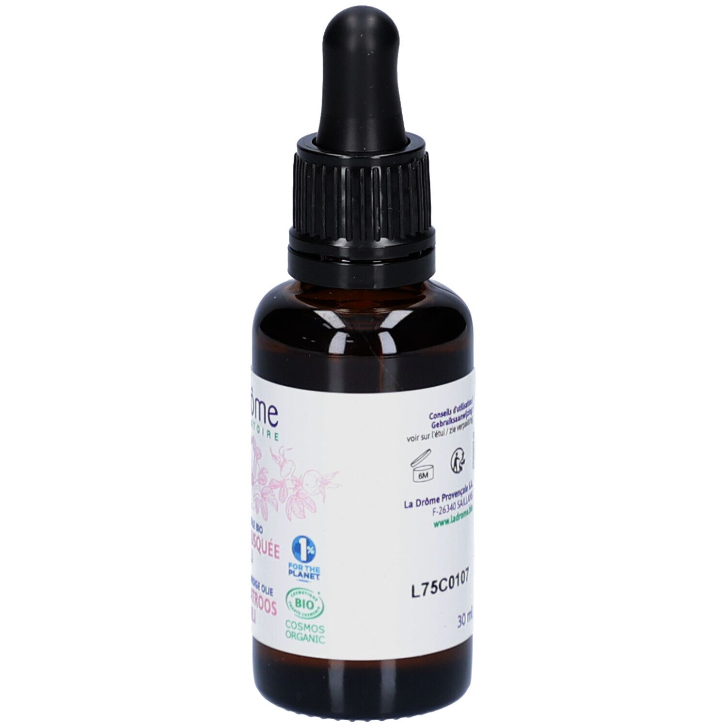 Bruine glazen fles met zwarte dop en pipet. Etiket met tekst en logo.