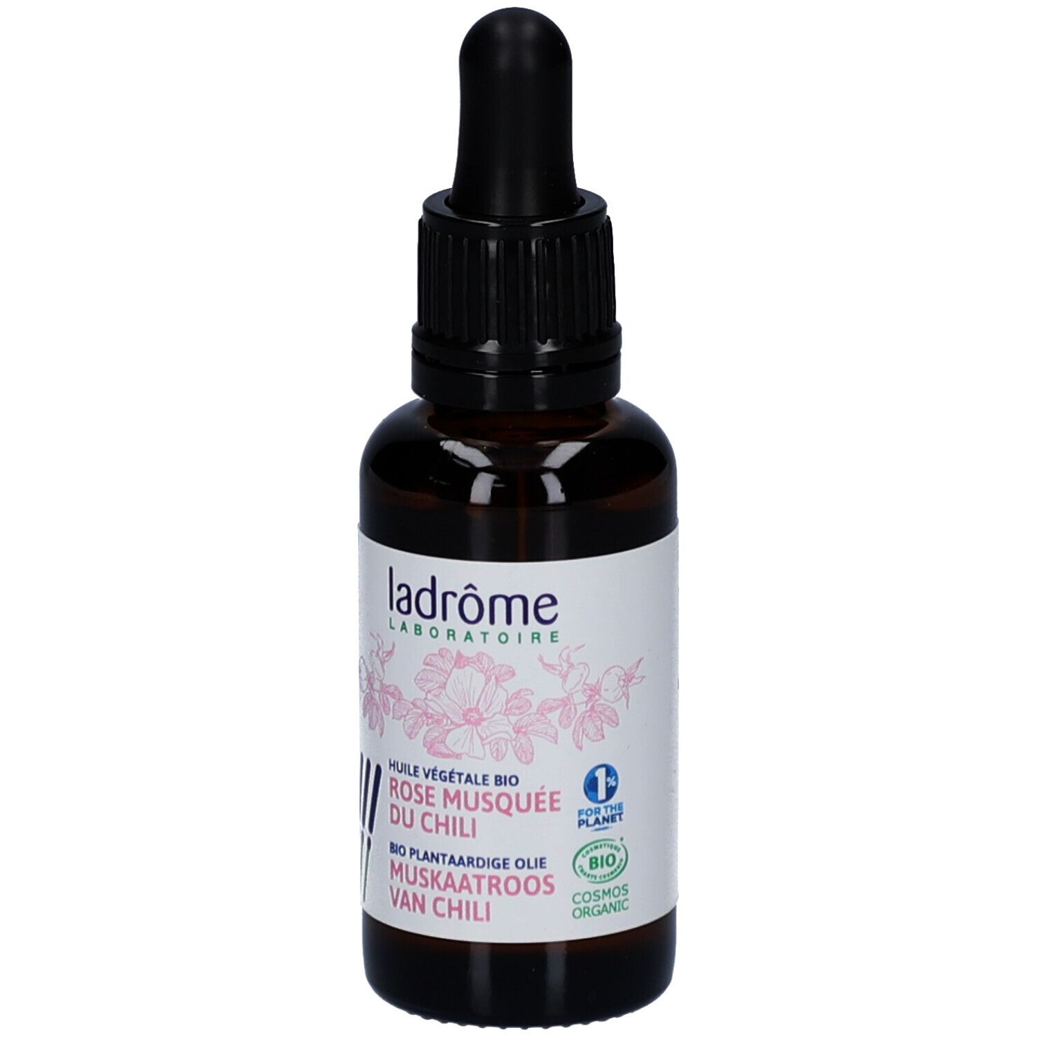 Bruine glazen fles met zwarte dop en pipet. Etiket met tekst en logo.